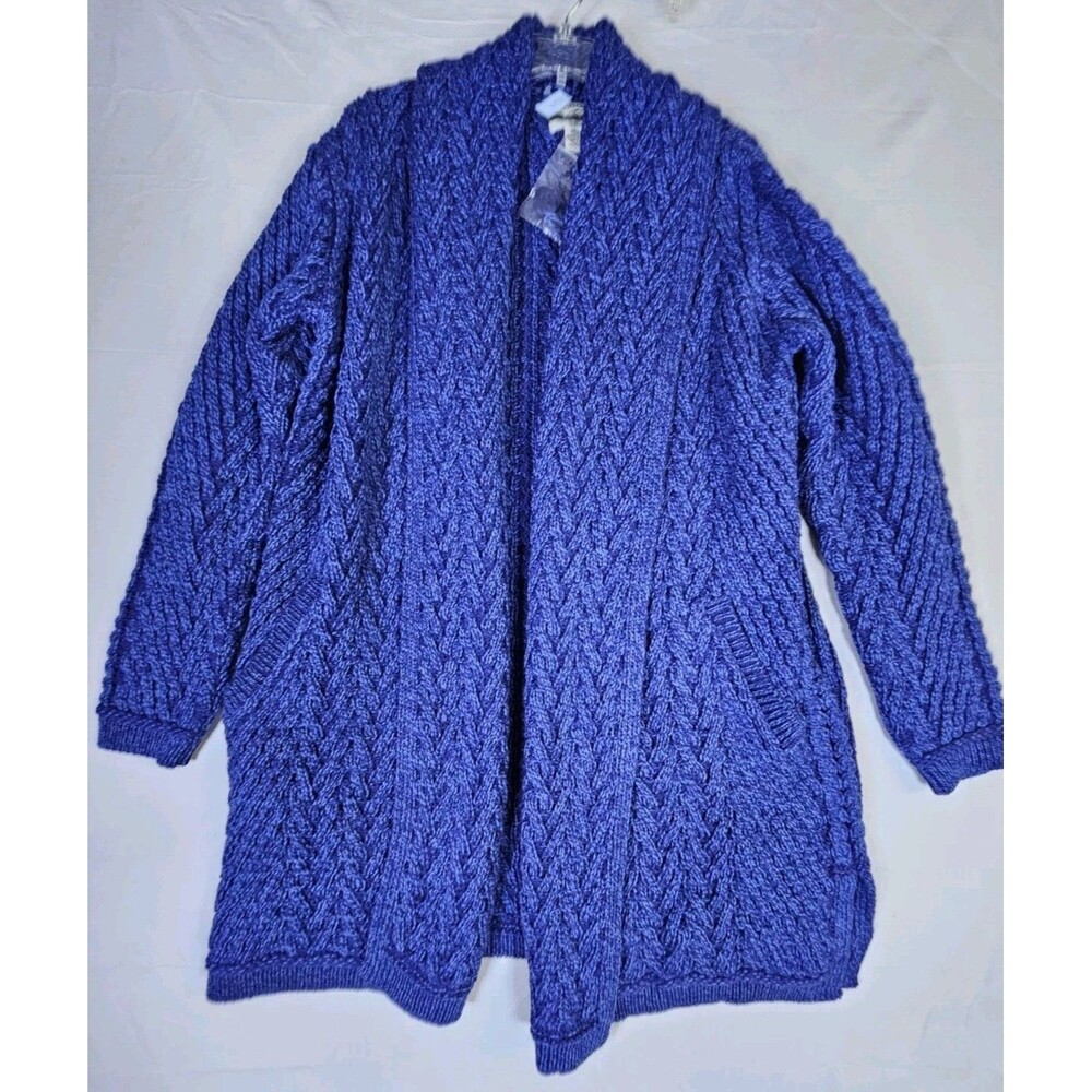 ARAN CRAFTS Cardigan Women Large Blue Merino Wool Ireland Cable Open Front NEW
